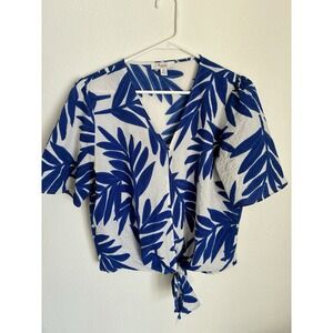 Beachy C By One Top Blouse L Blue White Top Leaves Floral Tie Front Tropical